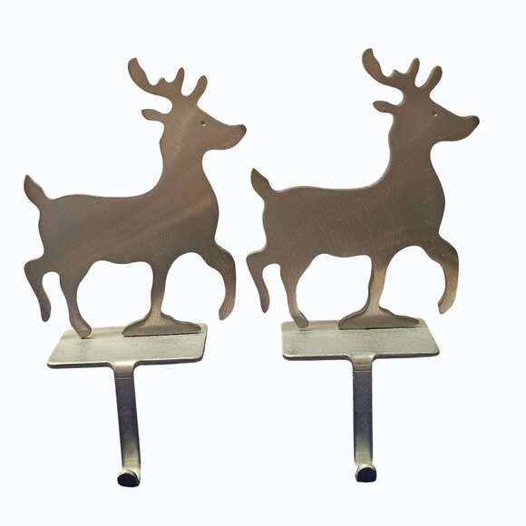 Pair Of Vintage 1984 Ed & Kathy Allard Reindeer Stocking Holders Cast Metal Silv - Picture 2 of 8